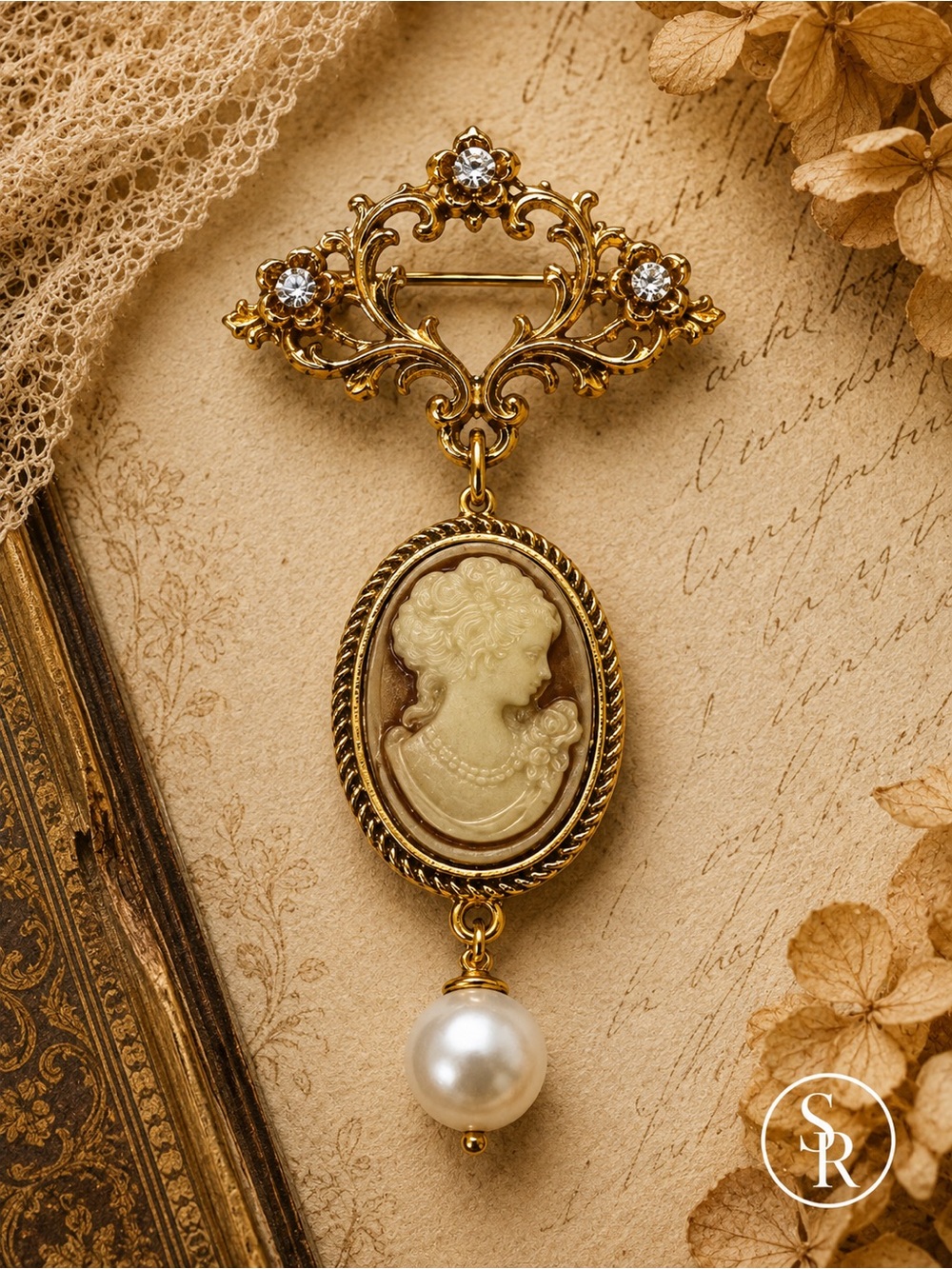 Cameo Brooch Right Facing Lady Pearl Drop Gold Tone Victorian Style NWT